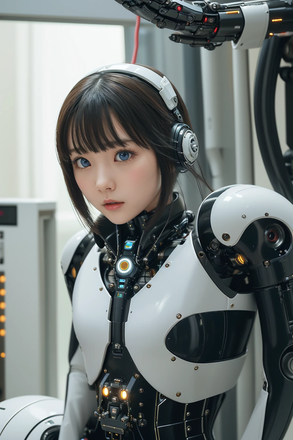 masterpiece, best quality, extremely detailed, portrait,Japaese android girl,Plump,a bit chubby,control panels,android,Droid,Mechanical Hand, ,Robot arms and legs, Black hair,Mechanical body,Blunt bangs,White Robotics Parts,perfect robot woman,Charging spot,Long Tube,A thick cable was connected to her neck,perfect mechanical body,white robotics body,future assembly plant,white body,She has repaired,black sponge joints,android assembly plant,android,laboratory,perfect machine body,white robot body,blue eyes