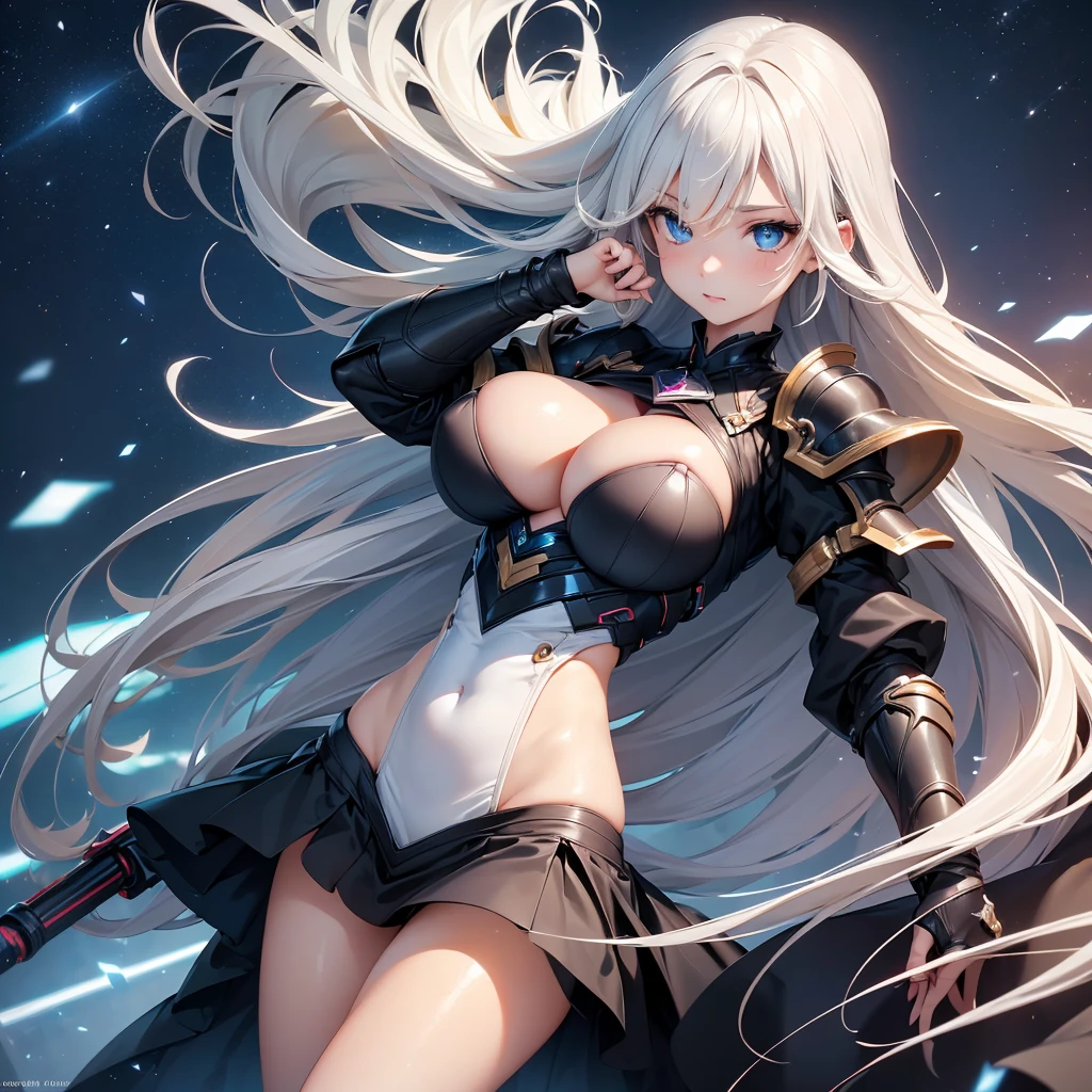 (Absurd Resolution:1.2), (ultra delicate:1.2), (masterpiece:1.2), (Photorealistic), (top-quality), BREAKA Beautiful girl with her Monster's Buddy, Glowing blue energy core, BREAK (cute 1girl), (), (finely detailed eyes and finely detailed face:1.2), BREAK (ultra fine-blue-cute-eyes:1.3), (Expression ultra detailed Glitter Pupil), (ultra detailed Expression eyelashes), BREAK (ultra delicate Long Straight Hair white hair, hairs between eyes), (beautiful Glossy lips), BREAK (slim body and gigantic breasts:1.3), narrow waist, leggy, curvy is body without muscles, BREAK (Shiny realistic pale skin texture:1.2), (sweaty skin:1.0), precise anatomy, (4 defined fingers), (1 defined thumb), breathtaking expression, BREAK (ultra delicate black-Mechanical-Armor-backless-dress:1.2), BREAK Seductive pose, (Crisp focus, eye focus:1.2), (full body shot, shoot from front, high angle shot), BREAK ultra delicate Military base in flames, Weapon debris scattered, An eerie night sky, atmospheric artwork,