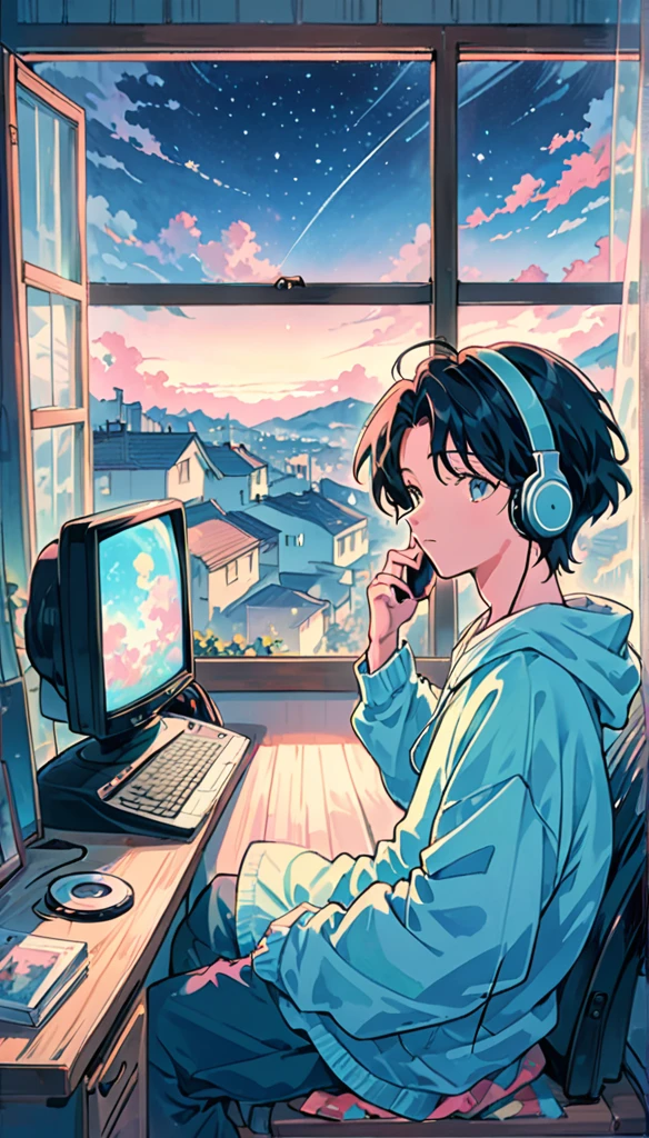 Cute anime boy, boy sitting in car in cosy day, boy listening to music while sitting in cosy, boy using headphones, (beautiful night view through large window), lots of stuff, 2D anime style, 90s anime aesthetic , lo-fi, very detailed, hard disk, mix of anime style and Fujifilm, surreal, 8K, masterpiece