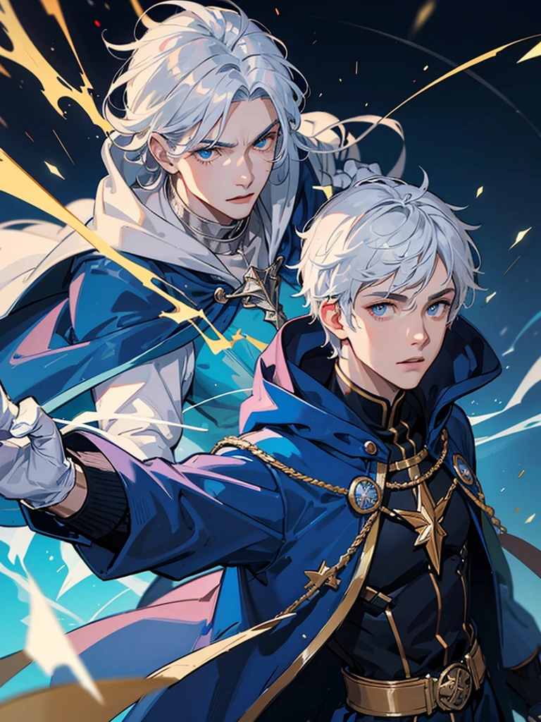 Wizard youngl man, he has a silver hair and blue eyes, he wear a hood and wear gloves , He held a rapier with lightning sparks surrounding it.