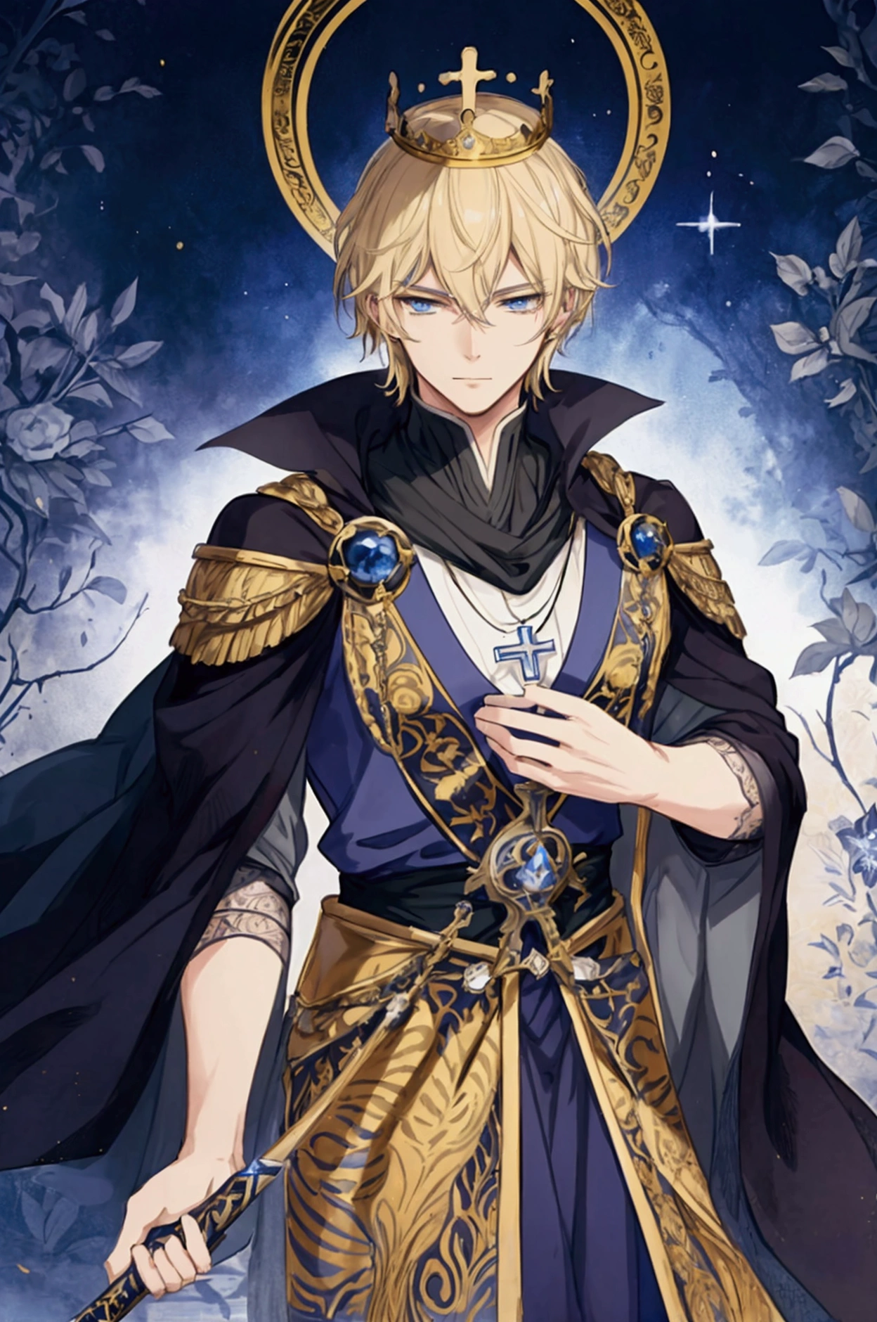 (Masterpiece), ((Highest Quality)),(Official Art),Dark cynicism:1.2),(1 solo anime man: 1.3). A stern and regal dark tyrant, straight and short yellow-blonde hair, blue eyes, white and gold intricate royal robes and cape, patterns of cross and religious motifs, wears a royal crown, stands in a dark palace balcony brandishing a ceremonial sword. Detailed picture. Detailed eyes. Masculine jaws. Soft fairytale picture book Arthur Rackham. Colorful, best detailed ((super detailed)), (highly detailed 2D anime man illustration), ((dark and beautiful))