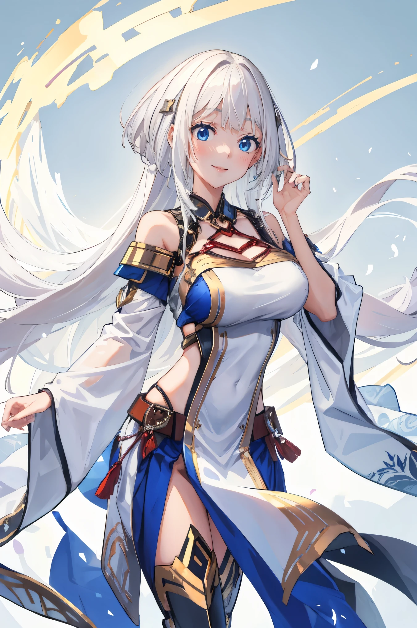 female, busty, hair ornament, crown, smile, look at camera, ((white hair)), blue eyes, armor, ((long hair))