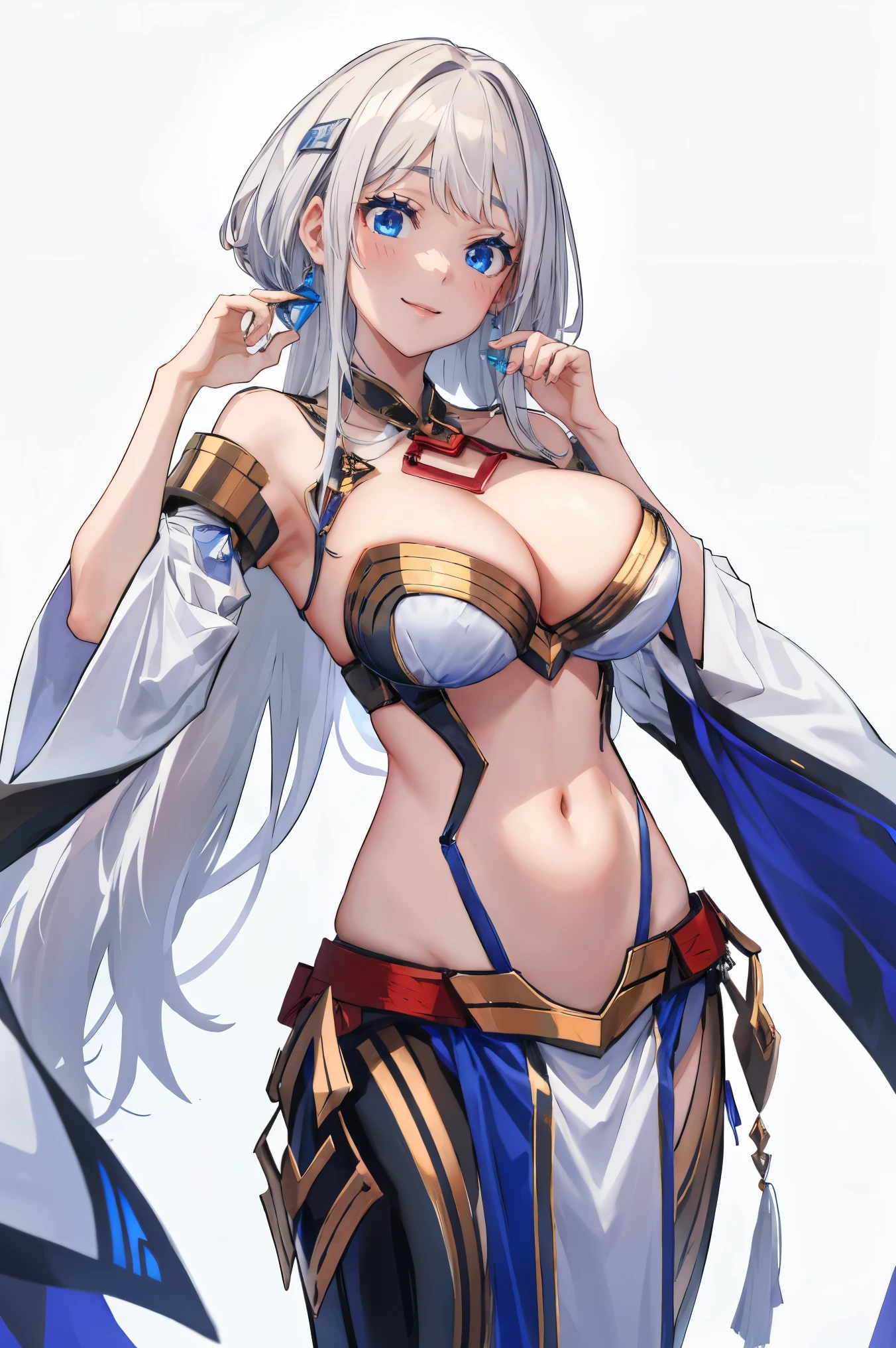 female, busty, hair ornament, crown, smile, look at camera, ((white hair)), blue eyes, armor, ((long hair))