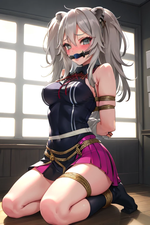 longeyelashes, detailed beautiful face, 4k quality, (arms behind back:1.5), bound arms, Red rope, blushing, , gag, gagged, shibari, bondage, close ups, best quality, highres, standing,high quality, best quality, masterpiece, absurdres, 1girl, blush, bedroom, sitting, vibrator in pantie, tears, embressed, spread legs, m_legs,,((kneeling, arms behind back, bound arm, bound wrists, bound legs, wrists behind waist, rope bondage, shibari over clothes)),(masterpiece:1.2), best quality,best quality,absurdres, highres, best quality, Botan, black top, fur-trim, oionlion ears, messy hair, skirt, messy hair, grey eyes, grey hair, long hair, black nails, sharp nails, dynamic pose, sexy pose, seductively smile, blush, hands behind back,in the jail,jail