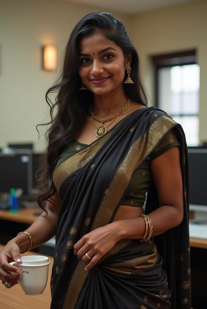 a sexy tamil aunty in office, dark skin, sexy smile, office secretory ,half saree, big ass, black lipstick, high heels, bringing tea,