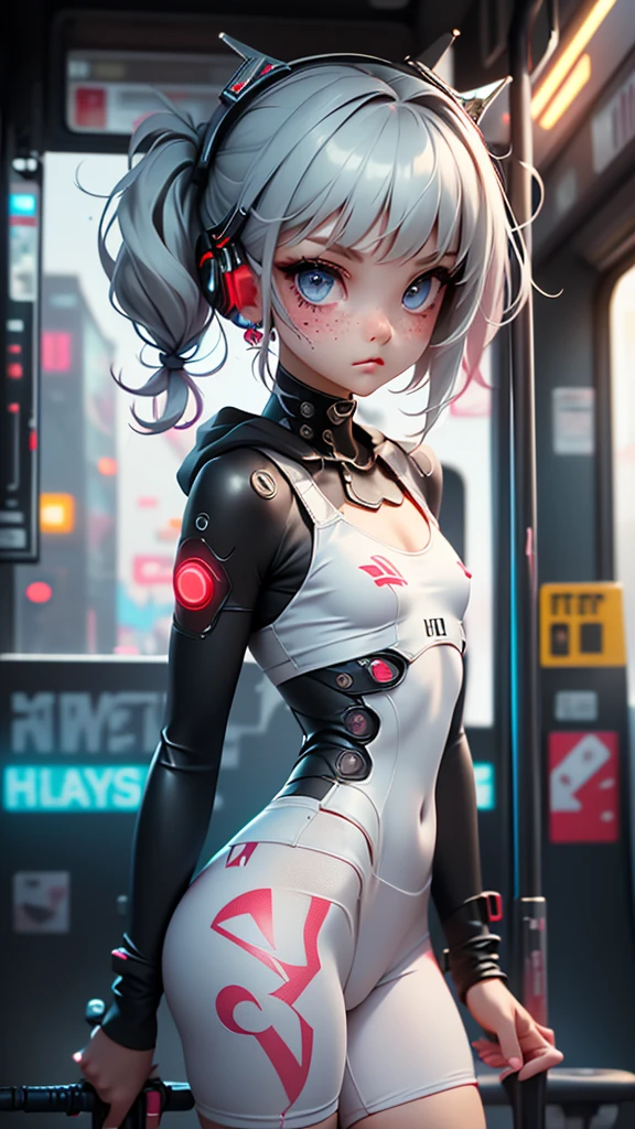 1girl, innocent, alone, ((waiting a bus:1.5)), (view_from_front:1.5), (instagram yanakryukova), (seductive_facial_expression:1.4), sweety, cute, kawaii, perfect face, galactic_young_princess, ((little breasts, flat_chested, small chest:1.6)), ((little nipples, natural nipples)), top model figure, (skinny), (perfect little ass, round ass, long legs, slim legs), pale skin, soft skin, caucasian teenager, slender girl, natural make-up on eyes only, perfecteyes, black_eyes, (innocent_looking:1.4), oval jaw, freckles, natural_beauty, (white hair, bright pink hair, dreadlocked pigtails, long bangs, drill hair), ((she is wearing a white transparent lace bodysuit, print white cotton leggings, white transparent lace hoodie, lace collarbone, cleavage cutout, cameltoe, and techwear high boots)), ((wearing an intricate detailed techwear white outfit)), ((cute neon head accesories:1.6)), punk_hair_ornaments, pastel_goth, punk, fantasy_princess, necklace, earring, cute 18 years old girl, skinny young girl, white theme, (bokeh, depth of field, blurry background, light particles, fog), ((detailed sci-fi cyberpunk bus stop background:1.6)), ((real life, realistic, profesional photography, photo_realistic, hyper_realism, ultra-detailed)), photography by Tim Walker, Tim Walker masterpiece, best_quality, 8K, soft tones, pastel tones, low saturation, (contrast:0.3), muted colors, cold light, neon, Ex_Machina_movie, studio light