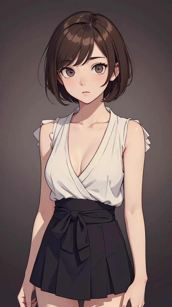 (((masterpiece, best quality, ultra highres, 1 girl, solo, no background))), super detailed skin and face and eyes and finger, beautiful japanese woman, small breasts:1.5, skinny, light brown hair, very short pixie hair, cowboy shot, The background should be simple, outline, anime, 2d, boyish, expressionless, minimalism,