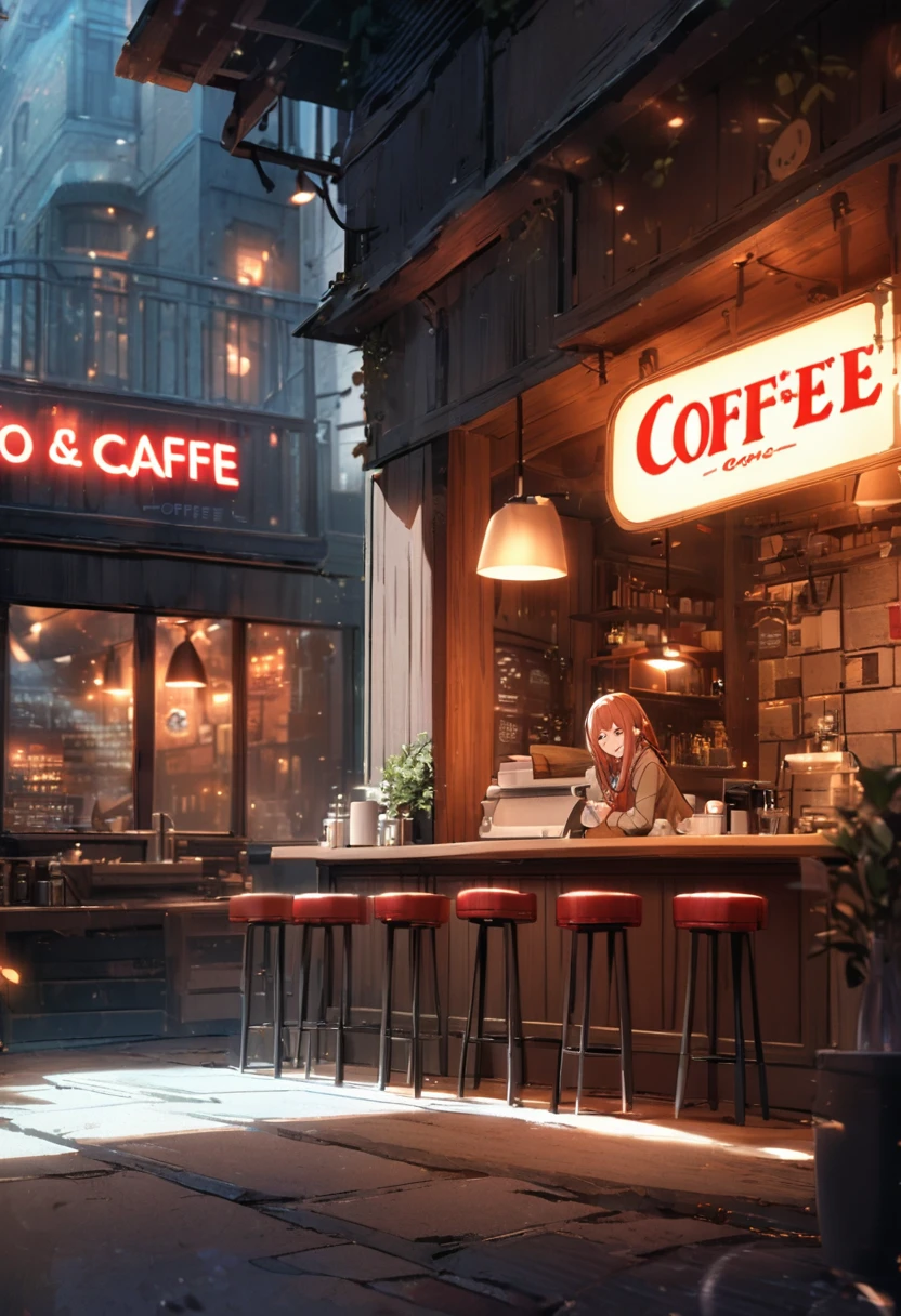 A small cafe is open for business, with lights shining from its red brick exterior. There's a neon sign advertising "Coffee" in red and blue lit letters. Inside, the cafe features a counter with three red stools and a girl sitting in front of it, and a large window that offers a view of the street outside. The atmosphere seems inviting and cozy, perfect for a warm cup of coffee.