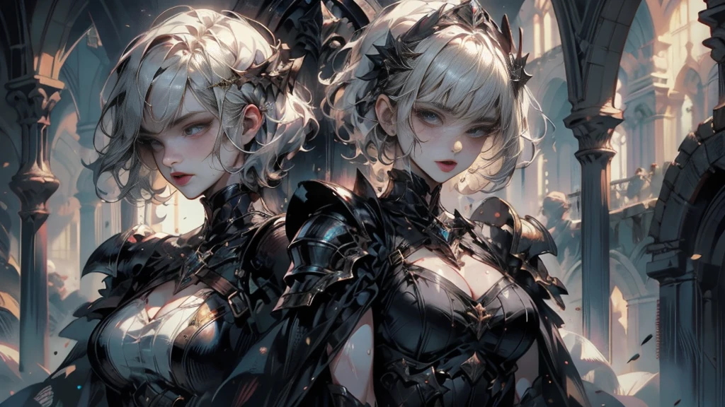 ((Highest quality, 8k, masterpiece: 1.3, One girl, beautiful girl)), cute, dynamism, Detailed face, Detailed skin, Detailed clothing, Detailed eyes, Detailed lips, Detailed tongue, Detailed fingers, Mouth details, Realistic, RAW Photos, High resolution, Natural light, Dynamic pose, Perfect Anatomy, Toned Legs, double eyelid, Tear bags, Round eyes, Moisturized lips, Sweaty, (White Knight, Has a big sword, Heavy Armor), Armored Girl, Cape, Pixie Cut, vapor:1.5, thin, Wet body, Drooling, Firm Abdomen, Cowboy Shot, (Lots of snakes), Leaning on the throne, stone throne, Blood on the lips, View your viewers, Thighs, Underbust