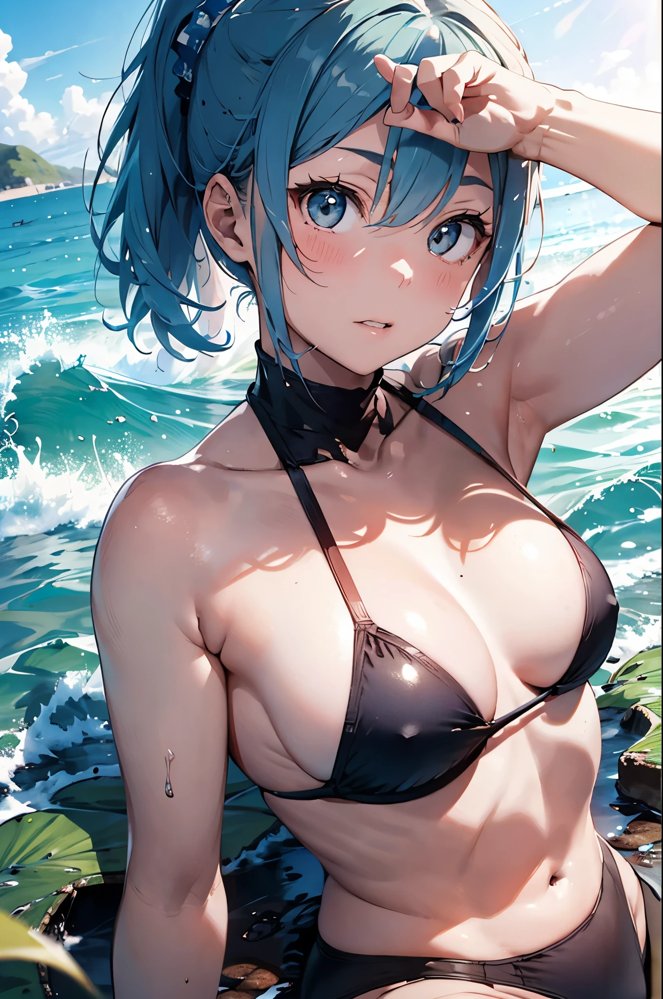 High resolution,topless、
One beautiful young woman,Light blue hair、ponytail、
(Soft Saturation:1.3), (Fair skin:1.2),
(ultra-Detailed Background, Detailed Background), Bokeh,
break'Portrait of a smiling girl.,
When viewed from the front, The composition is symmetrical,
Looking straight at you with serious eyes,
break Swimwear, Red Bikini, Center of chest,
Outdoor, Sea surface, null, sunlight,Summer beach, Sandy Beach,
Strong light, Front lighting,
(:1.3), (Cowboy Shot:1.2),
Front brake angle,
View your viewers,
Dynamic pose,
sitting on the beach
Seaweed、Seaweed、Seaweed、Seaweed、Seaweed、Seaweed、Seaweed、
