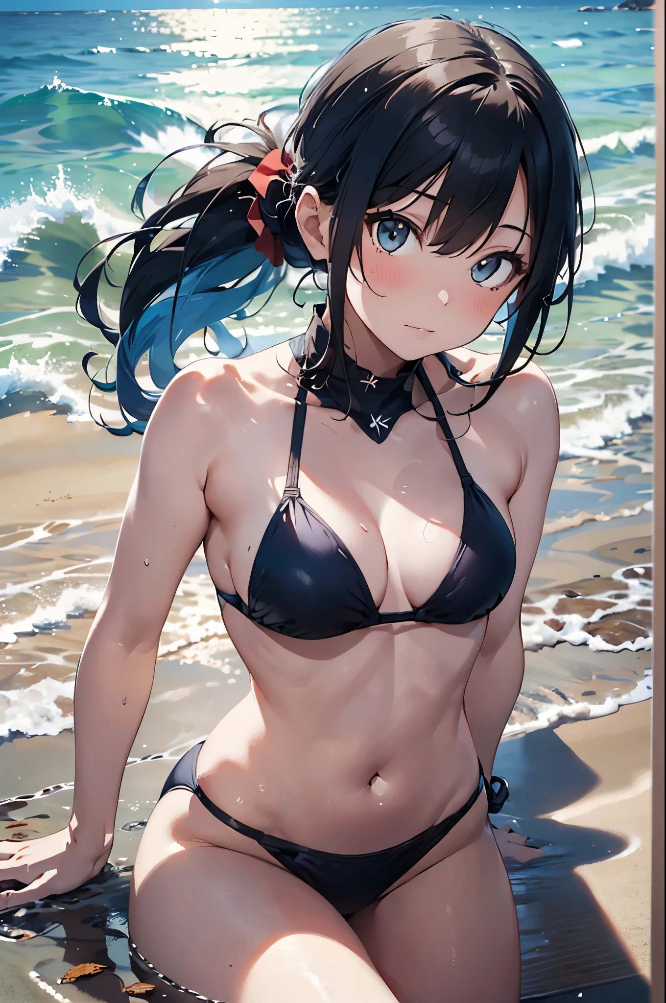 High resolution,topless、
One beautiful young woman,Light blue hair、ponytail、
(Soft Saturation:1.3), (Fair skin:1.2),
(ultra-Detailed Background, Detailed Background), Bokeh,
break'Portrait of a smiling girl.,
When viewed from the front, The composition is symmetrical,
Looking straight at you with serious eyes,
break Swimwear, Red Bikini, Center of chest,
Outdoor, Sea surface, null, sunlight,Summer beach, Sandy Beach,
Strong light, Front lighting,
(:1.3), (Cowboy Shot:1.2),
Front brake angle,
View your viewers,
Dynamic pose,
sitting on the beach
Seaweed、Seaweed、Seaweed、Seaweed、Seaweed、Seaweed、Seaweed、