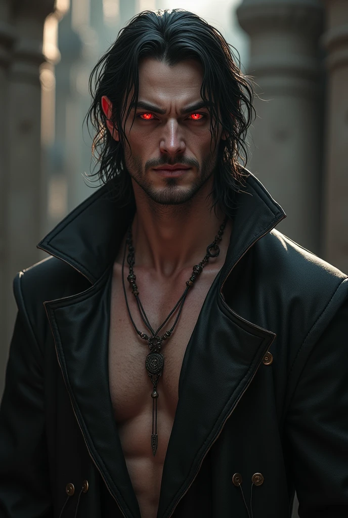 30 years old man
Is tall.
Has dark hair.
Has an extremely attractive appearance, with an otherworldly look.
Has a lean and muscular build.
Has a pair of intense crimson eyes.
Has very sharp fangs and claws.
Wears elegant and revealing clothes that highlight his appearance.
Comes from a medieval fantasy world.
A smug smile on his face