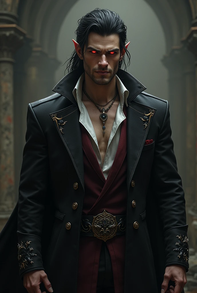 30 years old man 
Is tall.  
Has dark hair.  
Has an extremely attractive appearance, with an otherworldly look.  
Has a lean and muscular build.  
Has a pair of intense crimson eyes.  
Has very sharp fangs and claws.  
Wears elegant and revealing clothes that highlight his appearance.  
Comes from a medieval fantasy world.
A smug smile on his face 