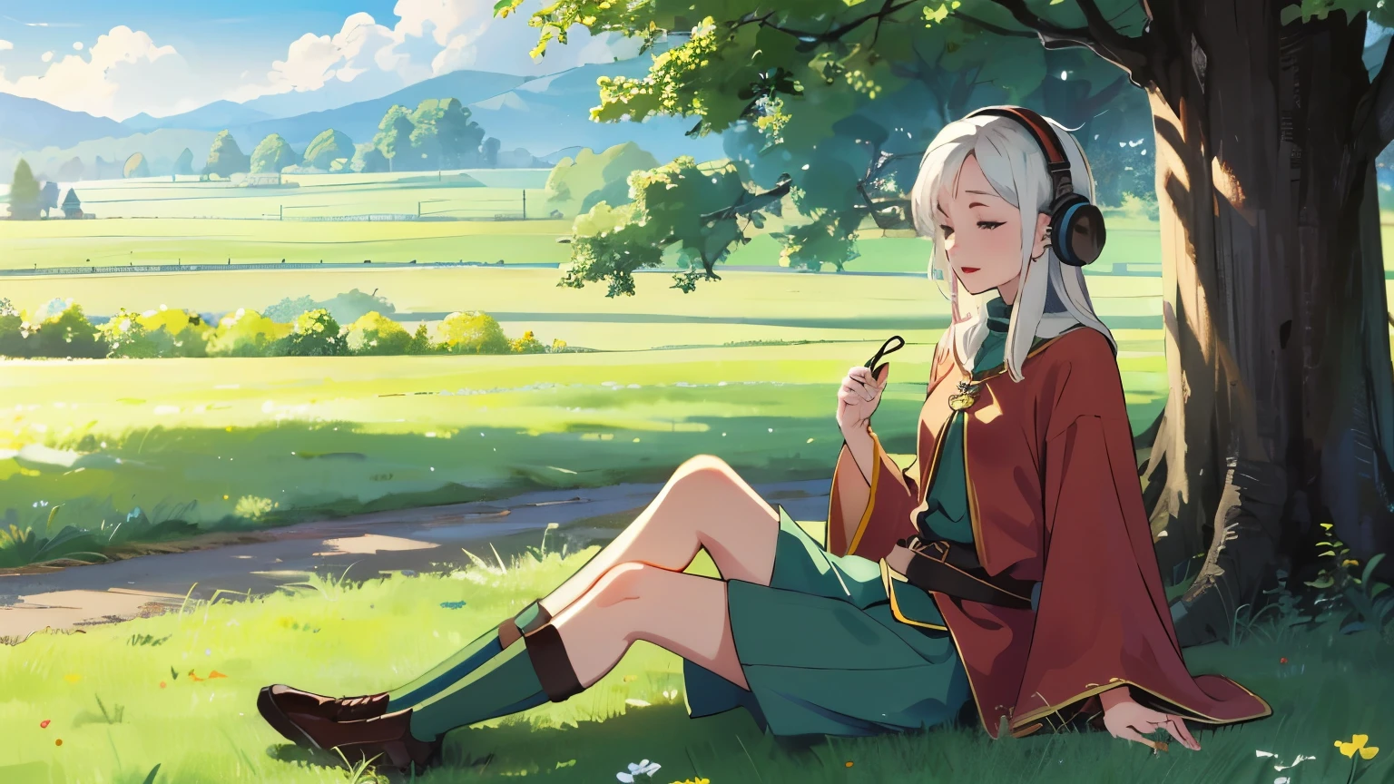 lo-fi, elf girl with white hair wearing headphone,sitting on ground, in medieval vast green hill field, closed eyes