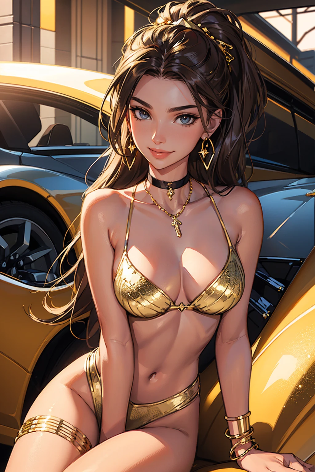 tmasterpiece,(tmasterpiece,top-quality,best qualityer),1girll, jewely,耳Nipple Ring,choker necklace,bangle, hoop earings,s, Long brown hair with blonde highlights, , ssmile, looking at viewert, motorvehicle,The Car, Sports cars,groundvehicle, Sat down, exteriors, daysies, nedium breasts,Open navel, dark skinned female, floral patterns, grinning smile,collars,Laser cloth,Sexy bikini,laser,holy rays,gold foil,Gold leaf art,glitter drawing,Correct anatomy,Detailed face, Detailed eyes,Chest exposed,(miami, night life)