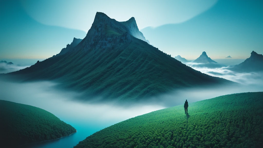 Photorealistic drone photo of a mountain slope covered in dense vegetation with a mist of humidity. In the center of the picture is a man with a faithful dog and a drone explorer. They set foot on a lonely unknown planet, A certain visible and invisible oceans stretched before the eyes of the astronaut, boasting a variety of shades from turquoise to deep blue. Islands, covered with strange and magical trees, shone on the surface of the water, Like little gems. Kodak ektar film, 35mm photography, professional lighting, deep aesthetic, microscopic details, contemporary art, dreamlike surrealism, The scene is epic and mysterious, reminiscent of the X-Files, dreamy, ethereal, ultra-detailed, Strong contrast, Good depth of field, 8K wallpaper, Masterpiece, Aesthetic illustration in realistic style, Dark Clouds almost completely covered the sky, the air is very humid, urgently outside