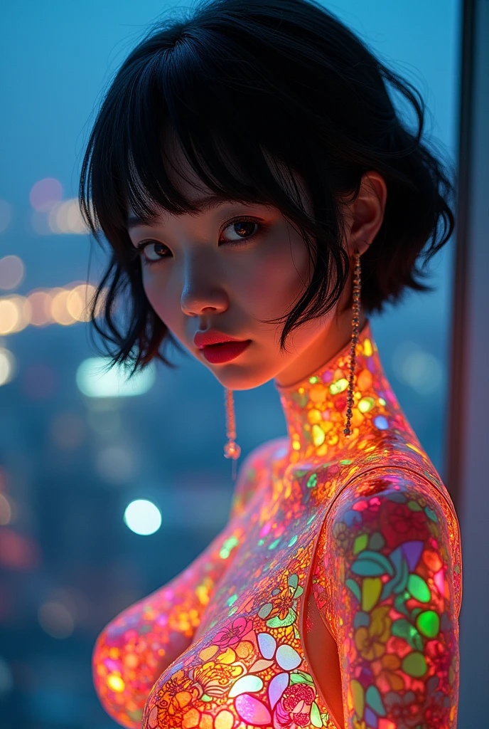 (masterpiece, Highest quality), 8k,(((Very detailed))), Race:1.8,Super intricate Race pattern,colorful Race pattern,Stained glass transparent body, Mandala,light up, 1 female,Open Back, 18 years old、Photo of Lee Jae, tumbler, shin hanga, sultry body with セクシー belly, Sexy girl, Young sensual elegance, Sexy body, delicious, Sexy look, Very Short Hair、Shooting on the balcony of a luxury hotel、Night view、 Intelligent face、Narrow waist、Large Breasts、drool coming out of the mouth、Smile a little、EOS 50mm F2, Blur the background、Photographed from the front、Lighting the face、
