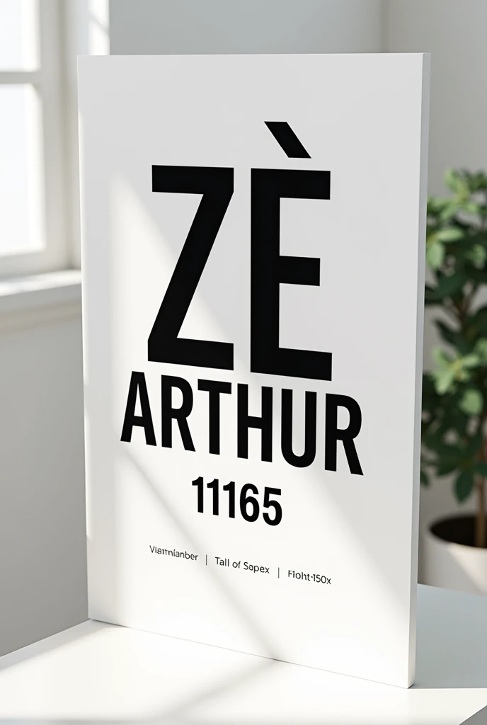 Create an image of a poster on a table with the name ZÉ ARTHUR and the number 11165 underneath in black. with a white background.