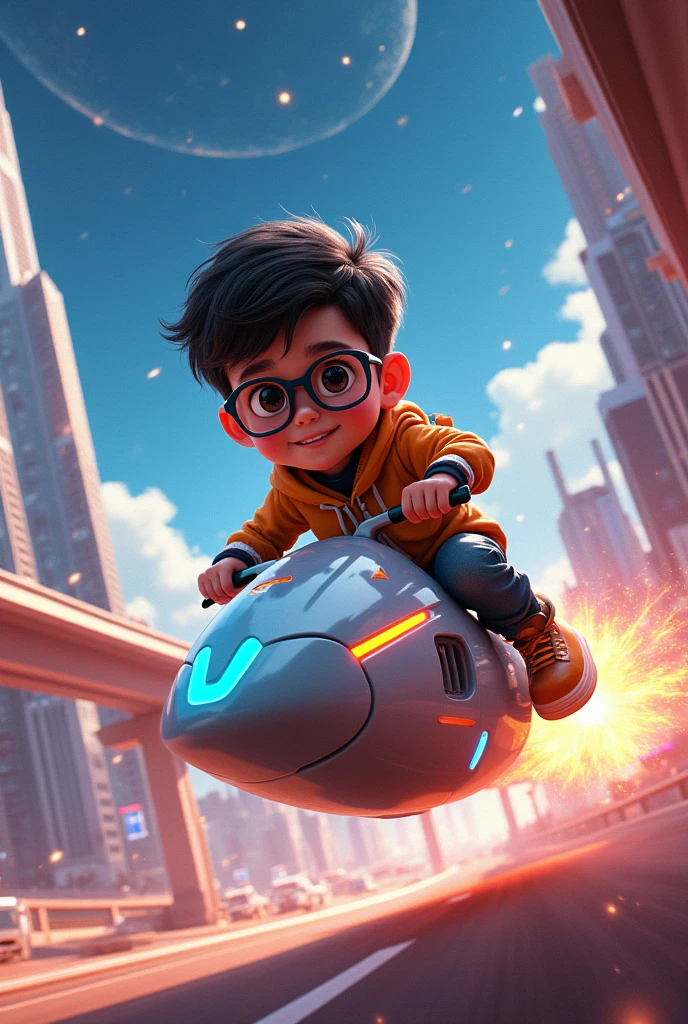 A boy with spex driving meteor bike