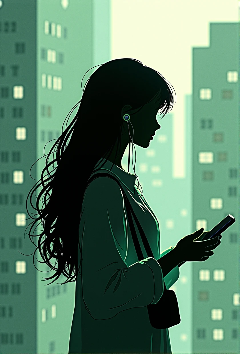 (Silhouette Art,Crop:1.6) (((Paper cutting art,blackだけが存在する世界:1.3) ランニングをするgirl1人,alone, (girl,profile:1.2),white, Clear and beautiful face,black 、Buildings in the back,Long Hair,非常にLong Hairの切れ目、Holding a smartphone and wearing earphones (黄green色　green:6.1) Textured glass background,