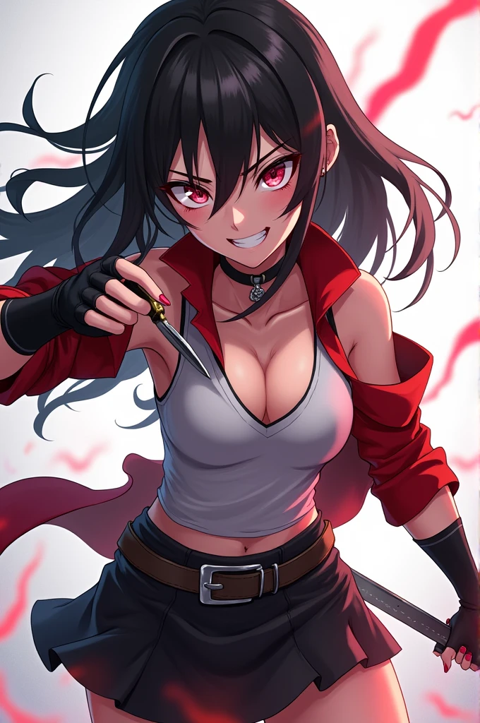 Anime girl wearing a sleeveless shirt the middle of her chest is visible and she is wearing fingerless gloves and she is wearing a short skirt, he works as an assassin and he is holding a knife, her face is angry with a smile and she is 16 years old