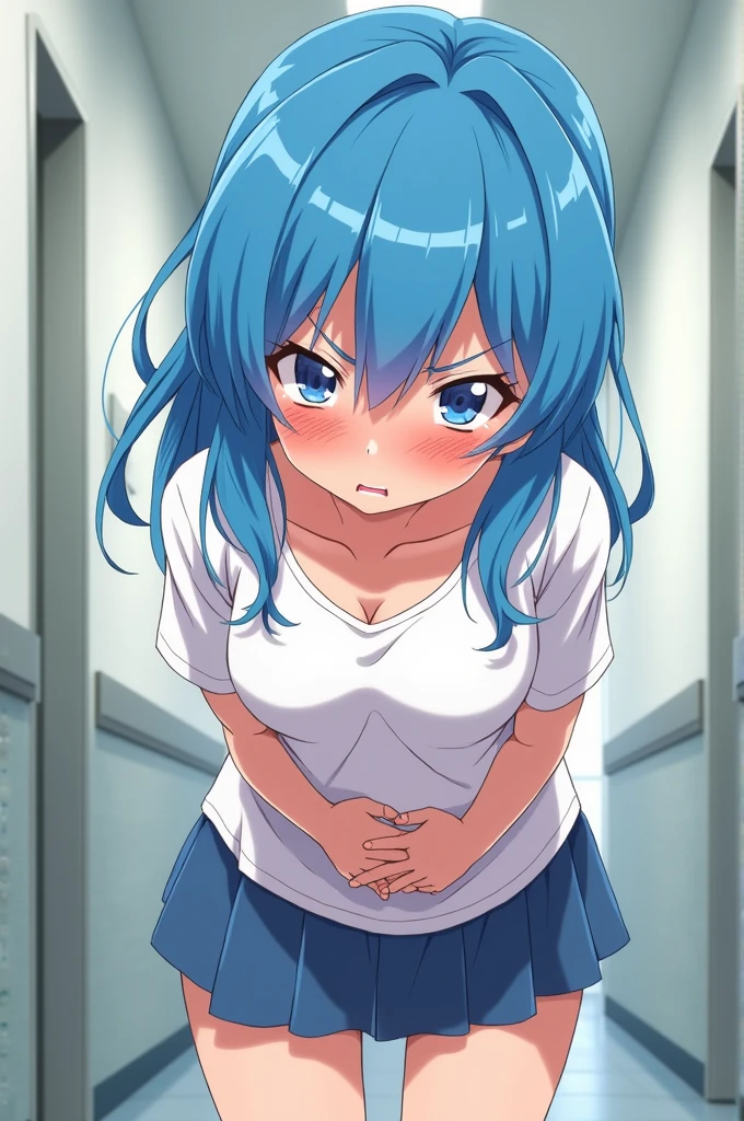 Peeing self, Have to pee, Anime, looking at camera, embarrassed, blush, pee stain, pee stain on skirt, peeing, yellow pee, tears, crying, out of breath, sweating, blue eyes, blue hair, one girl, catria fe