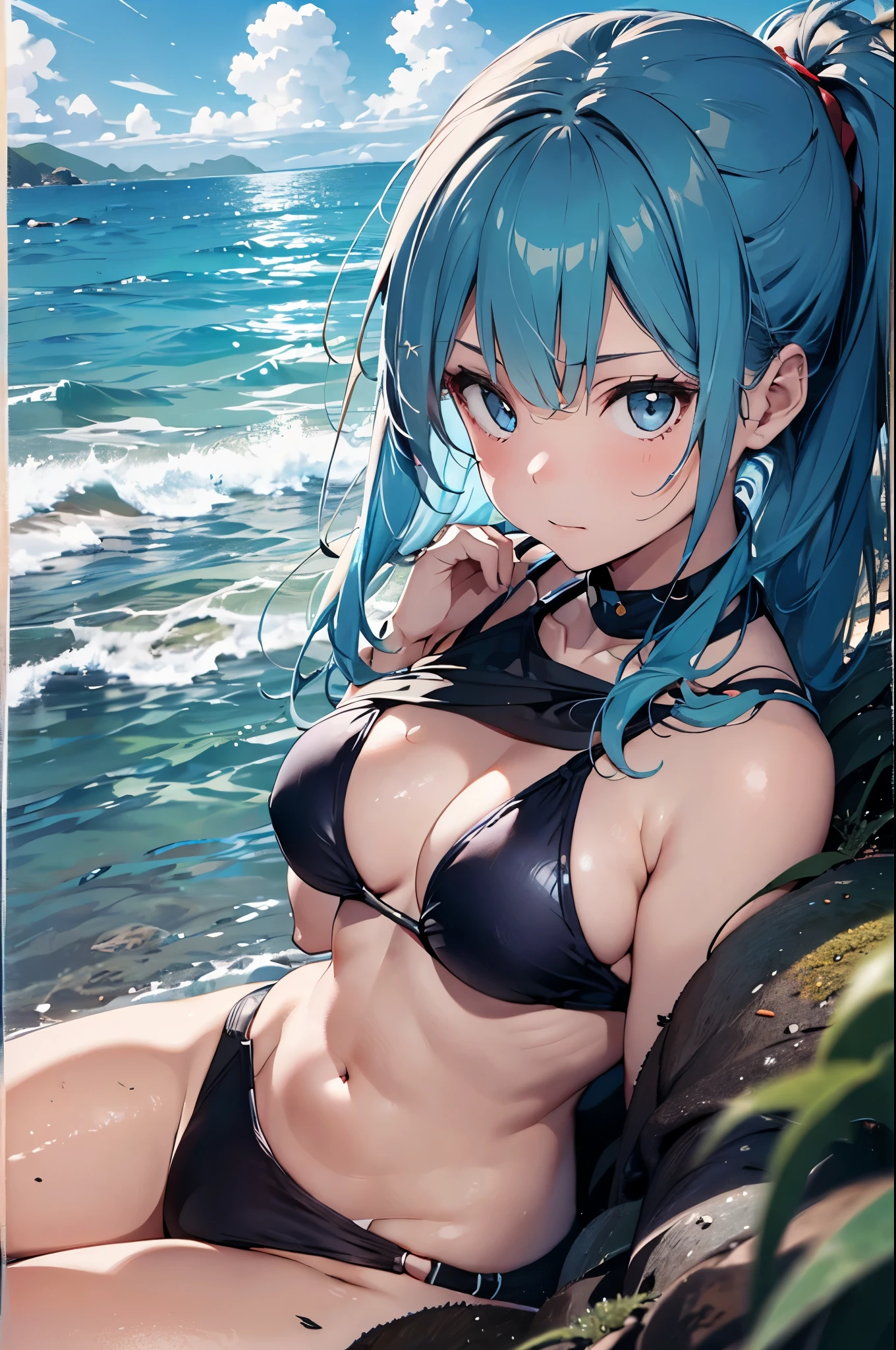 High resolution,topless、
One beautiful young woman,Light blue hair、ponytail、
(Soft Saturation:1.3), (Fair skin:1.2),
(ultra-Detailed Background, Detailed Background), Bokeh,
break&#39;Portrait of a smiling girl.,
When viewed from the front, The composition is symmetrical,
Looking straight at you with serious eyes,
break Swimwear, Red Bikini, Center of chest, 
Outdoor, Sea surface, null, sunlight,Summer beach, Sandy Beach,
Strong light, Front lighting, 
(:1.3), (Cowboy Shot:1.2),
Front brake angle,
View your viewers,
Dynamic pose,
sitting on the beach

Seaweed、Seaweed、Seaweed、Seaweed、Seaweed、Seaweed、Seaweed、