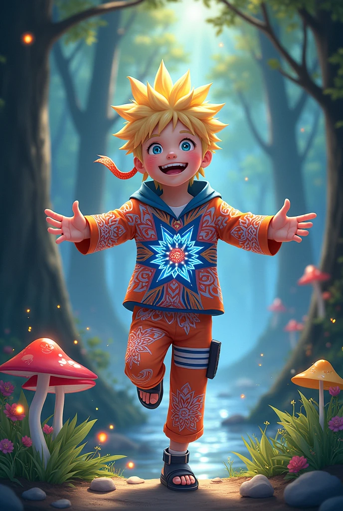 Naruto,chibi,mini,realistic,Effect Lightning, cherry tree background,3d,cinematic render,smile,With a pose ready to fight,photorealistic,full body,1boys,8k,