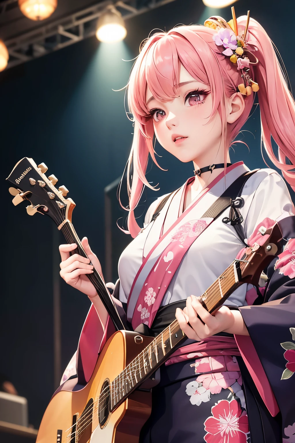 masterpiece, best quality, very detailed, high resolution, expensive resolution, high resolution, 4K, 8k, Unity 8k wallpaper, highly detailed CG, masterpiece, 2D, 3D, beautiful details, depth, fine texture, best quality: 1.3, perfect focus, crispy skin, he,
Very cute anime girl, girl playing guitar vocals in a band wearing a Japanese fancy floral haori hakama, on outdoor stage, full body, expensive pink twin tail hair, mole under eye, looking at the viewer, expensive, blush, mole, lips open, , heart choker, pink eyes, guitar vocals, stage