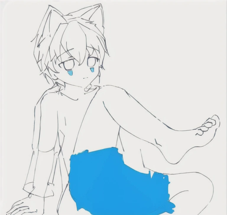 Werewolf girl,Pencil Sketch,Anime illustrations,Naked Boy,Blue swimming trunks,shy,Soft Lighting