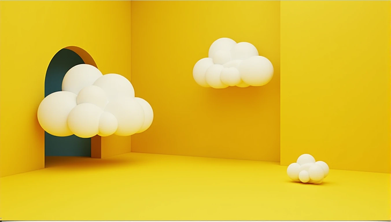 3d render, abstract minimal yellow background with white clouds flying out the tunnel