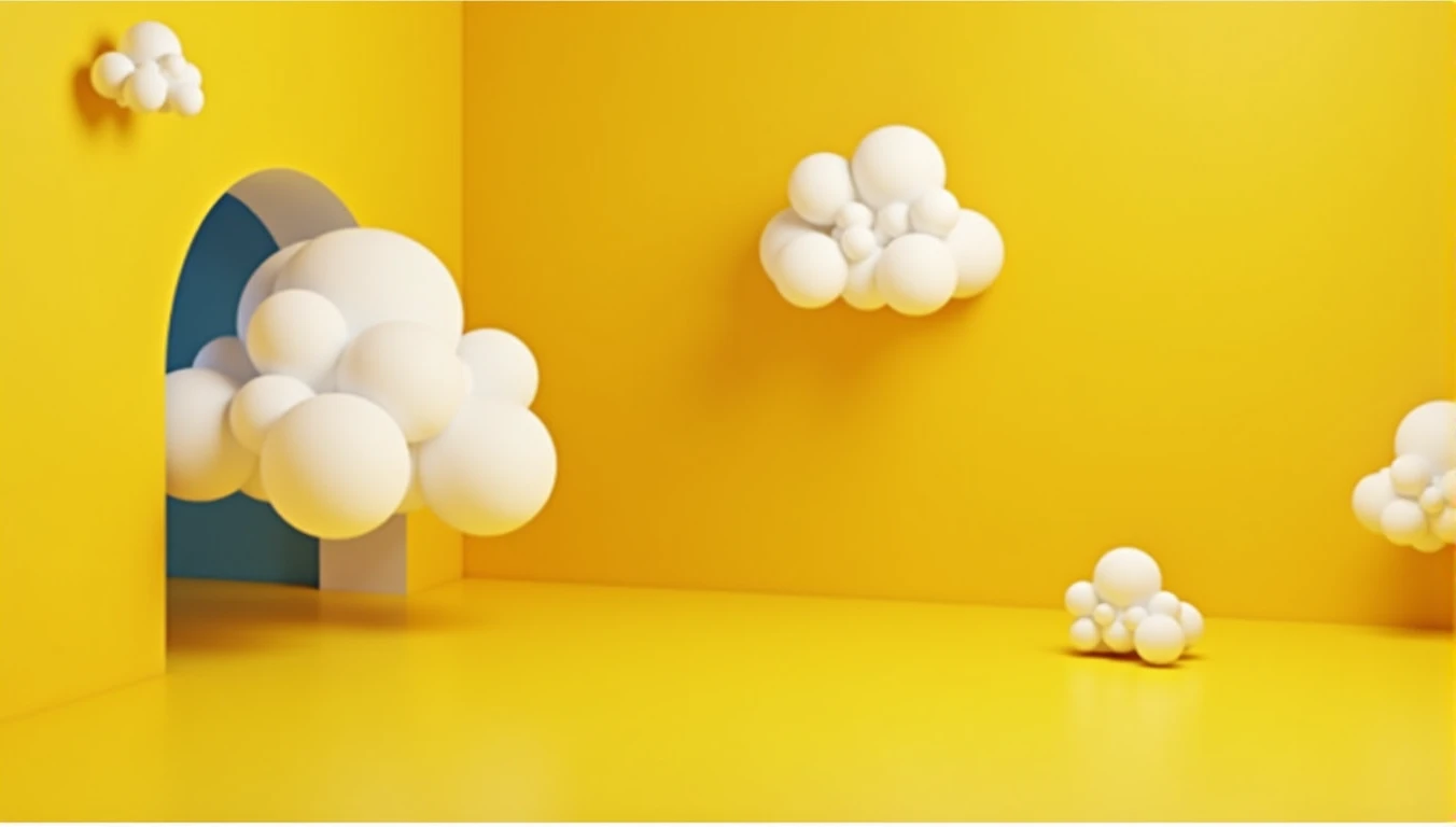 3d render, abstract minimal yellow background with white clouds flying out the tunnel