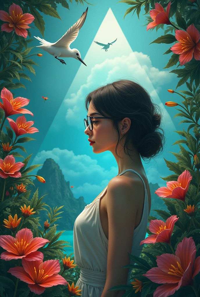 Bermuda triangle with flowers, woman with glasses and birds