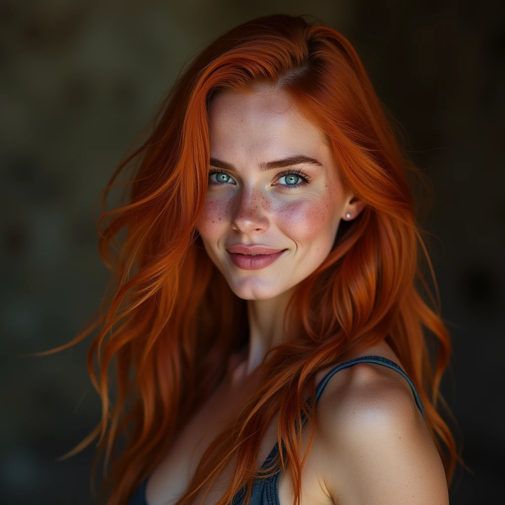 long haired redhead woman, with freckles and blue eyes, with a smile on her sensual face, dimpled smile, in a combat pose.