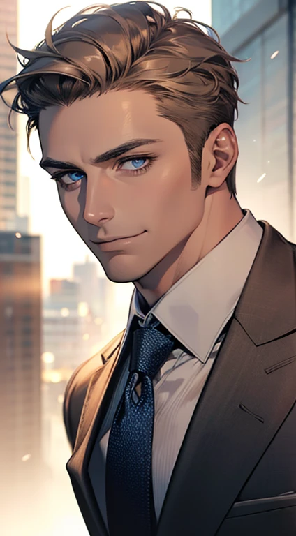 (best quality,4k,8k,highres,masterpiece:1.2),ultra-detailed,(realistic,photorealistic,photo-realistic:1.37),1 man,31 years old,mature man,very handsome,without expression,smile,short grey brown hair,blue eyes,penetrating gaze,perfect face without errors,imposing posture,businessman,office background,cinematic lighting,hdr image