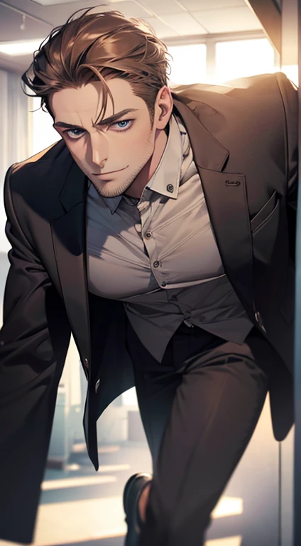 (best quality,4k,8k,highres,masterpiece:1.2),ultra-detailed,(realistic,photorealistic,photo-realistic:1.37),1 man,31 years old,mature man,very handsome,without expression,smile,short grey brown hair,blue eyes,penetrating gaze,perfect face without errors,imposing posture,businessman,office background,cinematic lighting,hdr image