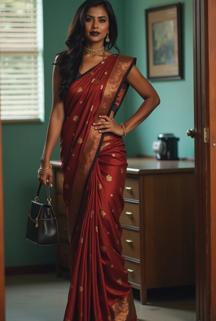 a sexy tamil aunty in office, dark skin, sexy smile, office secretory ,saree drop half, big ass, black lipstick, high heels, bringing tea,