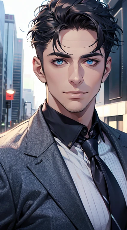(best quality,4k,8k,highres,masterpiece:1.2),ultra-detailed,(realistic,photorealistic,photo-realistic:1.37),1 man,31 years old,mature man,very handsome,without expression,smile,short blue back hair,blue eyes,penetrating gaze,perfect face without errors,imposing posture,businessman,office background,cinematic lighting,hdr image