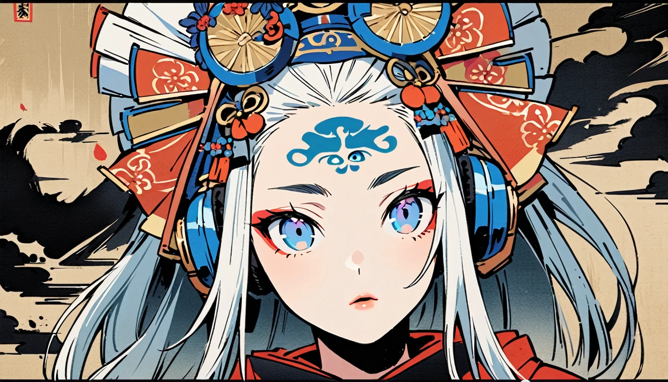 Ink painting, (((1 girl))), (((Tattoo in the middle of the forehead))),(((In the background is the Akatsuki moon))), (((Oiran))), (((Great hair accessories))), Japanese style headphones, Demon possession, (((Blue eyes with engraving inside))),Face up close, Japanese beauty, White hair, Sensitive and precise, Modern Ukiyo-e style