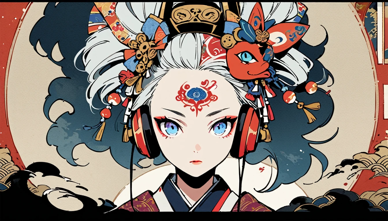 Ink painting, (((1 girl))), (((Tattoo in the middle of the forehead))),(((In the background is the Akatsuki moon))), (((Oiran))), (((Great hair accessories))), Japanese style headphones, Demon possession, (((Blue eyes with engraving inside))),Face up close, Japanese beauty, White hair, Sensitive and precise, Modern Ukiyo-e style
