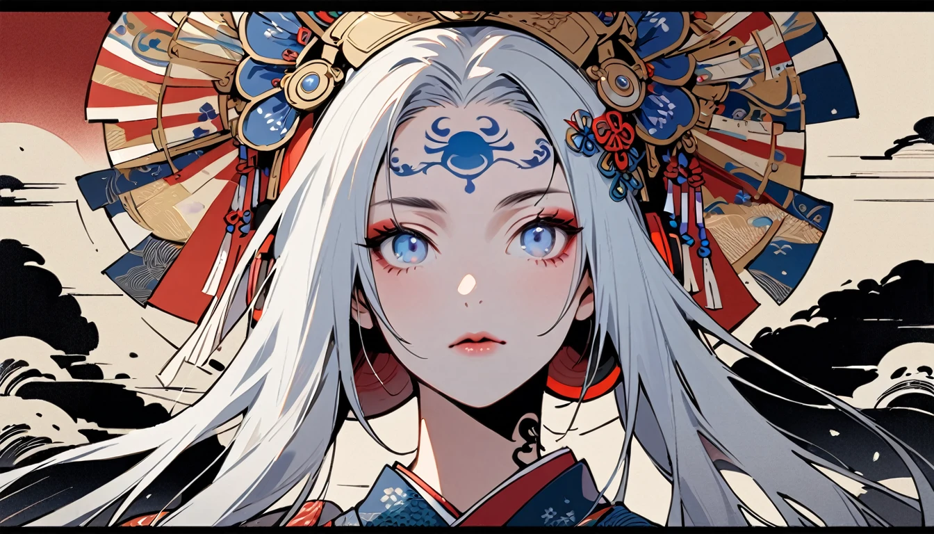 Ink painting, (((1 girl))), (((Tattoo in the middle of the forehead))),(((In the background is the Akatsuki moon))), (((Oiran))), (((Great hair accessories))), Japanese style headphones, Demon possession, (((Blue eyes with engraving inside))),Face up close, Japanese beauty, White hair, Sensitive and precise, Modern Ukiyo-e style