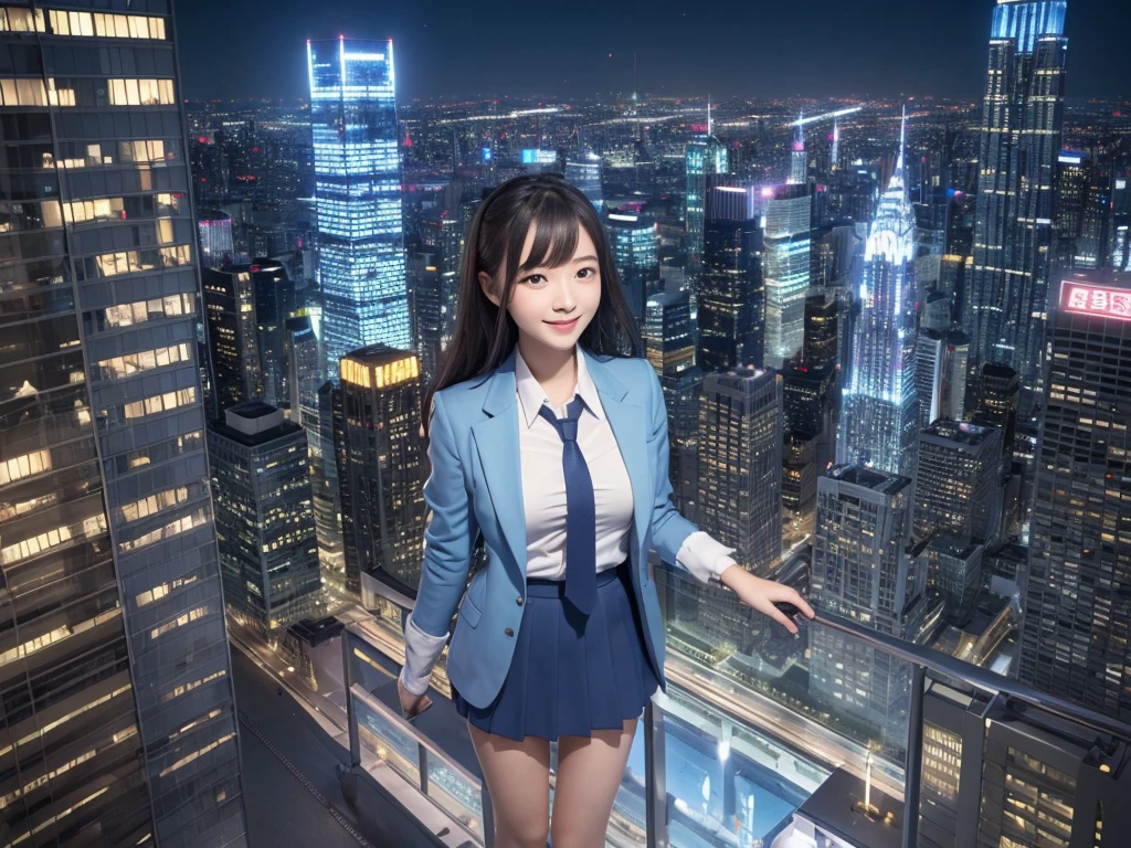(masterpiece:1.4), CG Unity 8K walpaper, super giantess, Realistic, Ultra HD, 1 girl, Much taller than a skyscraper, Very detailed depiction, Light blue blazer, Grey tie, Blue mini skirt, White Pantyhose, A very small metropolis is 1/100 scale, Miniature metropolis, The building is as small as a grain of rice, 足元までの高さもない超Miniature metropolisで, Miniature metropolisを下にして, sit, Super huge school girl, Full body description, Translucent skin texture, Beautiful Skin, Beautiful Skin, 2+girl, Beautiful 16 year old girl, Cute Smile, Top view