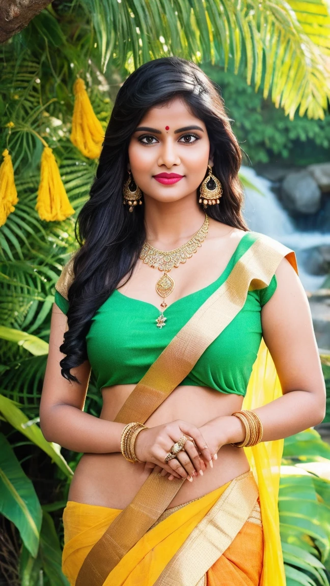 wear green designer printed Saree and blouse, a bindi on the center of the forehead, green saree and green blouse, full body covered in clothes, Indian temples in background, flower basket, very well dressed, going to temple for prayers, golden heavy jewellery, very beautiful 25 year old indian girl, full body photo, mehendi in hands, random hair style, holding Puja plate with Puja items for lord Shiva, lord Shiva temple in background, jewelry, gem, necklace, necklace set, tika, vermilion, nathiya, ear rings, mangalsutra, golden haar, gold bracelet, anklets, thick lips, holding flower basket for Puja in hand, skindentation, parted lips, full body photo from front, beautiful face, beautiful body, (detailed eyes), ulzzang-6500-v1.1, thick eyelashes, long eyelashes, random hair style, broad light, backlighting, bloom, light sparkles, chromatic aberration, sharp focus, Nikon Z 85mm, unparalleled masterpiece, ultra-realistic 8k photos, best quality masterpiece, best quality, (photorealistic:1.2),  (realistic:1.5), (hyperrealistic:1.2),(photorealistic face:1.2)