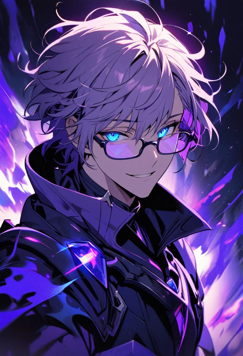 male, solo, handsome, light purple hair, beautiful color, short hair, blue eyes, glasses, gorgeous background, dark blue aura, glowing eyes, beautiful eyes, cool, floating blue gemstone, floating purple warrior, smilling