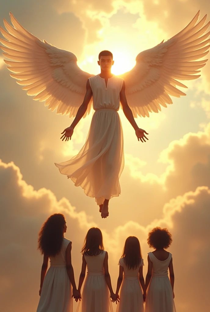 Raising a mulatto man with short hair with angel wings going to heaven and his 3 daughters saying goodbye