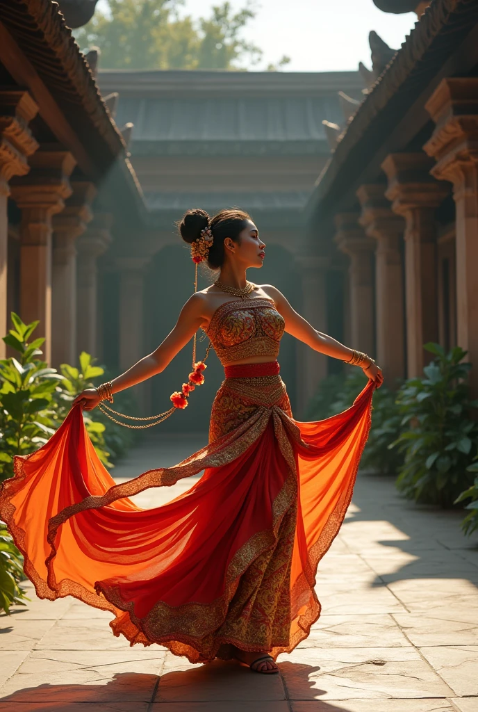 Beautiful woman dancing in the temple yard wearing Javanese clothes