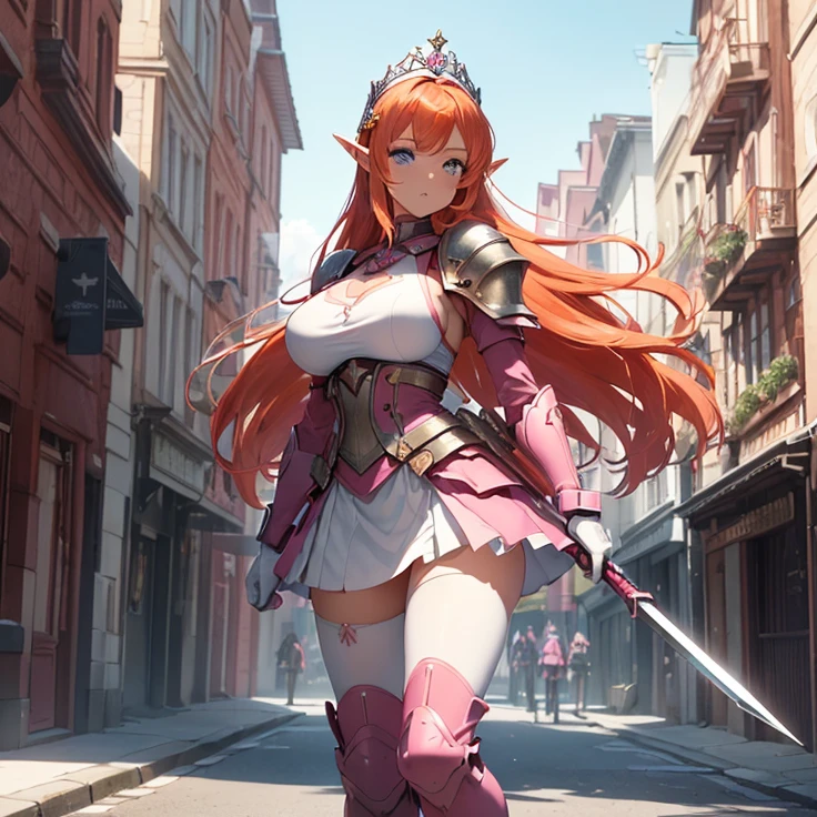 (absurdres, masterpiece, best quality, detailed, solo full body design, fantasy, high resolution, HD),
{{18 years old orange-red haired Elf Girl knight: (reddish orange medium hair, left hair tail tied with two white flowers, beautiful light-blue eyes, serious and imponent, closed mouth, lightblue flower at side of hair, beautiful feminine body, huge breasts),(Clothes: pink combat uniform, white gloves, pink pantyhose, pink shoulder pads, pink long boots, pink steel knee pads, pink steel elbow pads, silver tiara up her head around the hair),(holding with her left hand a long steel silver spear),(Background: viking styled city street, sunny morning, stone viking houses around the streets)}}
