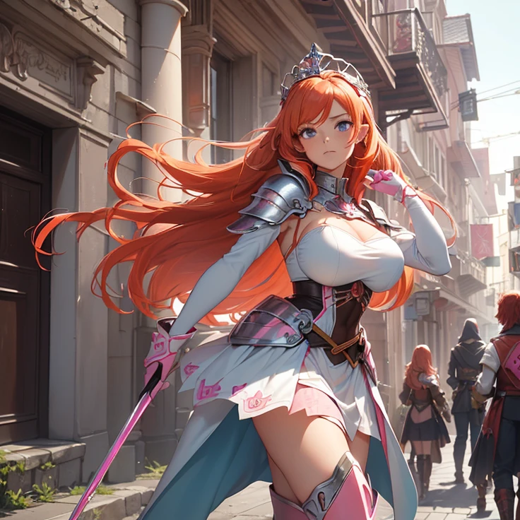 (absurdres, masterpiece, best quality, detailed, solo full body design, fantasy, high resolution, HD),
{{18 years old orange-red haired Elf Girl knight: (reddish orange medium hair, left hair tail tied with two white flowers, beautiful light-blue eyes, serious and imponent, closed mouth, lightblue flower at side of hair, beautiful feminine body, huge breasts),(Clothes: pink combat uniform, white gloves, pink pantyhose, pink shoulder pads, pink long boots, pink steel knee pads, pink steel elbow pads, silver tiara up her head around the hair),(holding with her left hand a long steel silver spear),(Background: viking styled city street, sunny morning, stone viking houses around the streets)}}