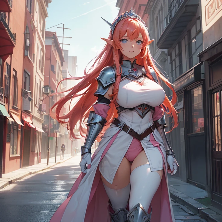 (absurdres, masterpiece, best quality, detailed, solo full body design, fantasy, high resolution, HD),
{{18 years old orange-red haired Elf Girl knight: (reddish orange hair tied in left hair tail with two white flowers, beautiful light-blue eyes, serious and imponent, closed mouth, lightblue flower at side of hair, beautiful feminine body, huge breasts),(Clothes: pink combat uniform, white gloves, pink pantyhose, pink shoulder plates, pink long boots, pink steel knee plates, pink steel elbow plates, silver tiara up her head around the hair),(holding with her left hand a long steel silver spear),(Background: viking styled city street, sunny morning, stone viking houses around the streets)}}