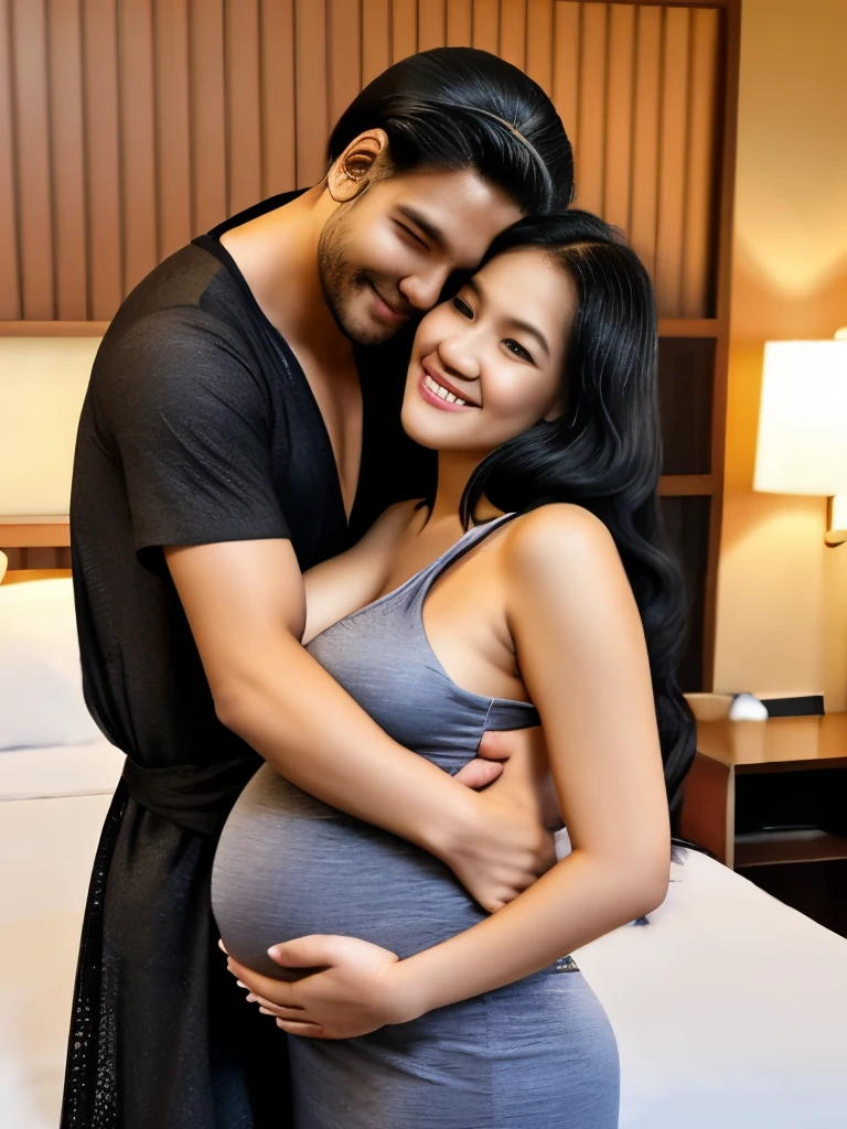 An ung Jawa indonesia man and a young pregnant thailand woman,curve body,shap body, pake sexy  kuning  sarong short dress ,smile,age difference, age difference, giant size, man 30 year, long white beard, smiling face, hairy body, standing hugging, hugging  , sexy young girl 18, small and skinny size, long black hair hairstyle, embarrassed blushing face, position, kissing, a white-haired old man, a young girl  , hotel, in bed, detailed face, realistic, realistic, big breasts, nude, 